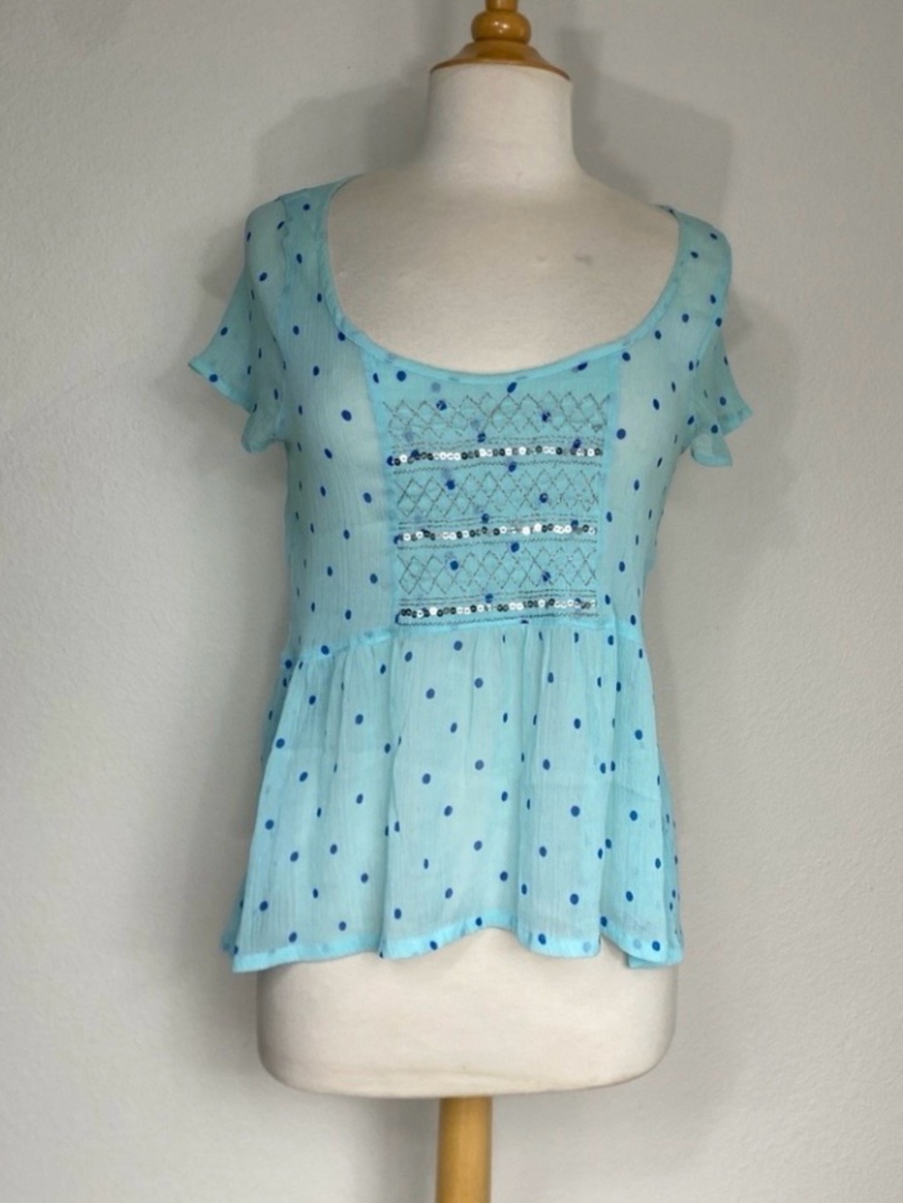 Hollister Juniors Y2K Blue Polka Dot Sequin Sheer Blouse Coastal Beach Size M